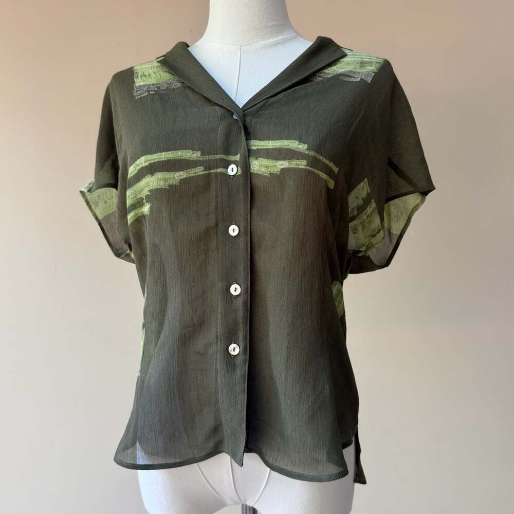 Vintage Olive Green Short Sleeve Button Down Blouse